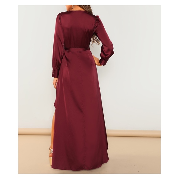 Burgundy High Low Wrap Satin Party Maxi Dress - Picture 2 of 6
